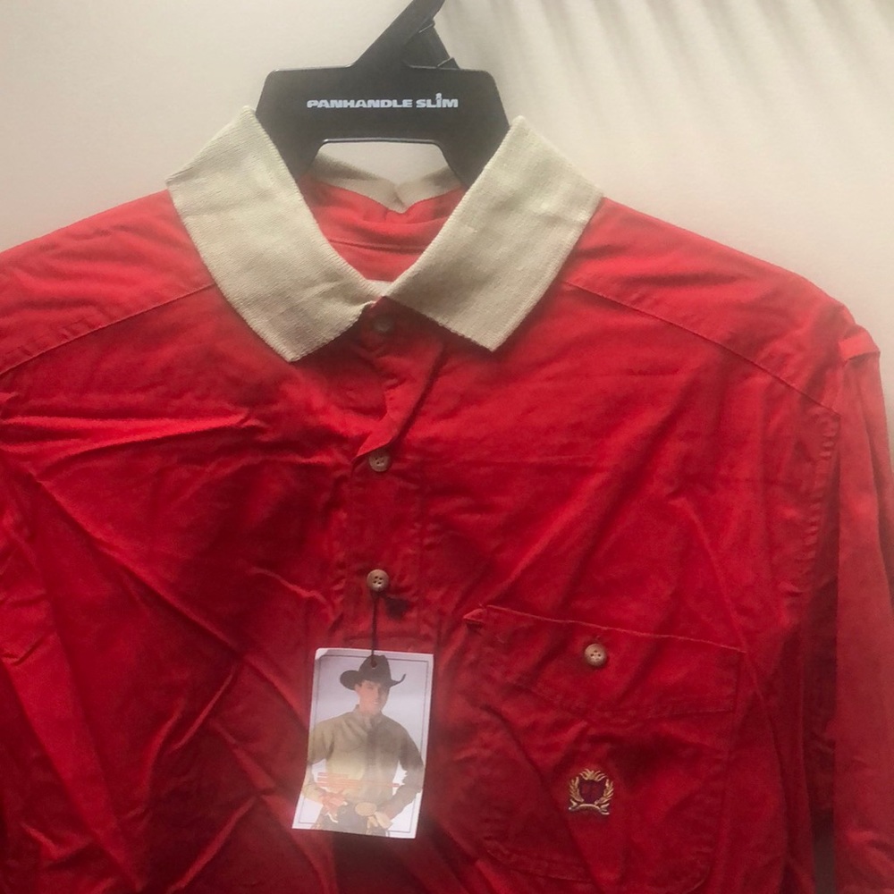 Vintage NWT Panhandle Slim Rough Stock Red Shirt with Tan Collar